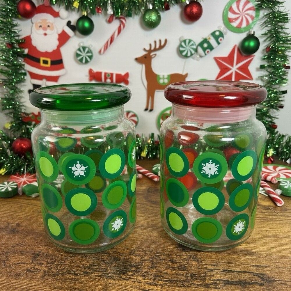 Anchor Hocking Red Green Dot Snowflake Glass Jars Lids Retro Vtg Christmas Set